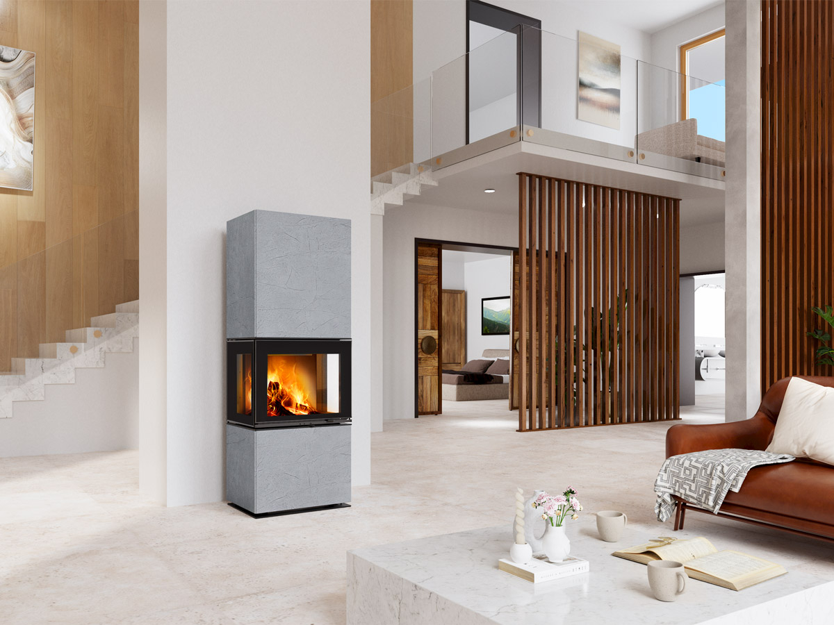 Romotop Lera C GH vysoké dizajnové trojstanné krbové kachle Thermaline dizajnové